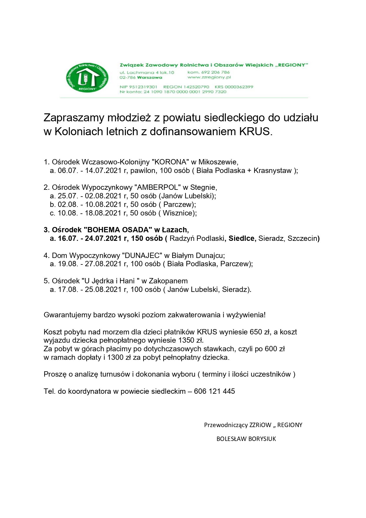 Kolonie letnie z dofinansowaniem KRUS