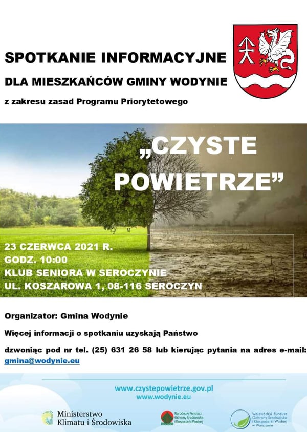 Plakat spotkanie informacyjne dla mieszkańców Gminy Wodynie z zakresu Zasad Programu Czyste Powietrze